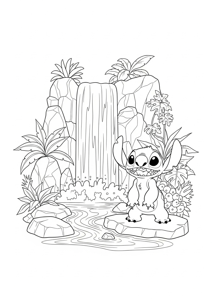 Stitch bij een waterval met rotsen en tropische planten kleurplaat