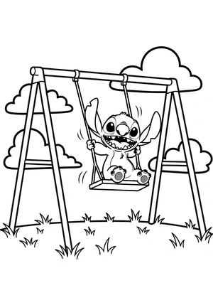 Stitch op de schommel kleurplaat om te printen en kleuren