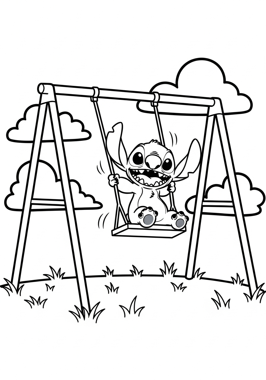Stitch die hoog schommelt in de speeltuin met wolkjes kleurplaat