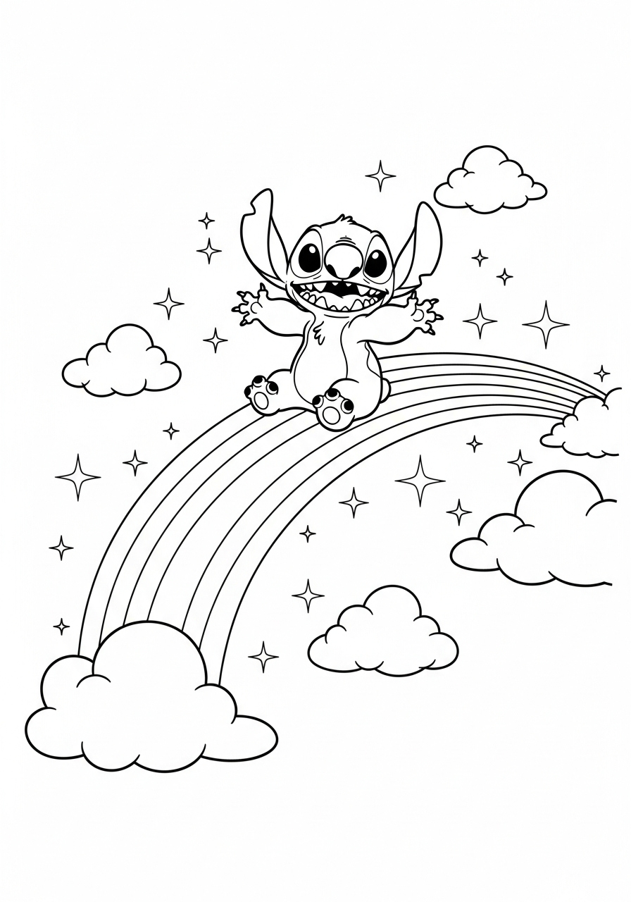 Stitch zittend op een regenboog met wolkjes en sterretjes kleurplaat