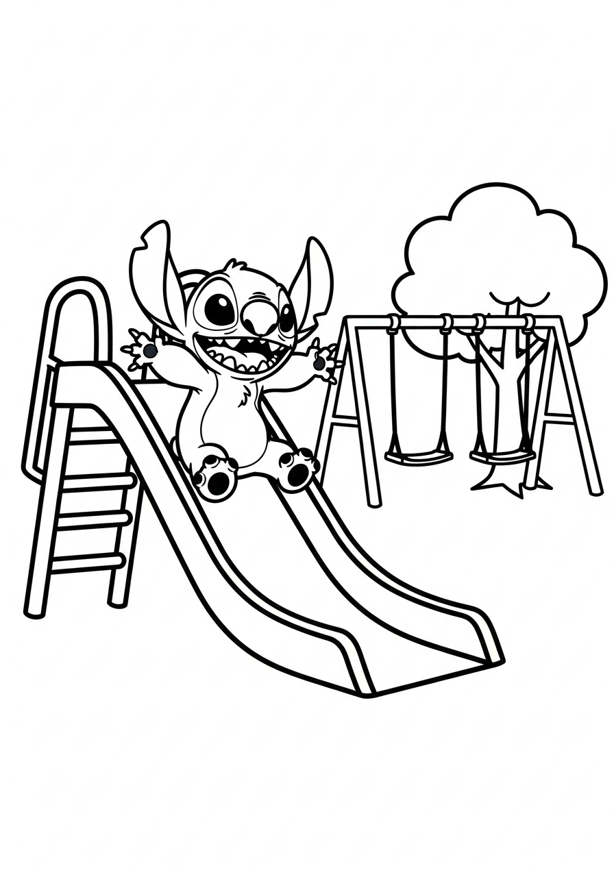 Stitch die van een speeltuin-glijbaan roetsjt met een lach kleurplaat