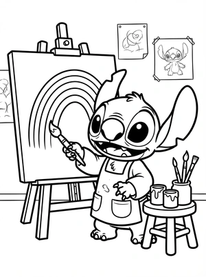 Stitch schildert een regenboog kleurplaat om te printen en kleuren