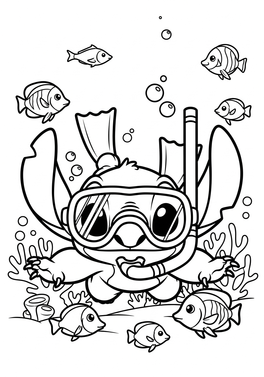 Stitch met snorkel en duikbril tussen tropische vissen en koraal kleurplaat
