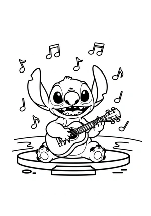 Stitch speelt ukulele kleurplaat om te printen en kleuren