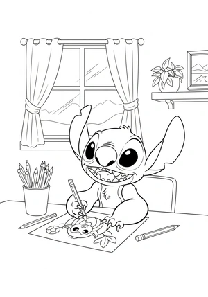 Stitch tekent met kleurpotloden kleurplaat om te printen en kleuren