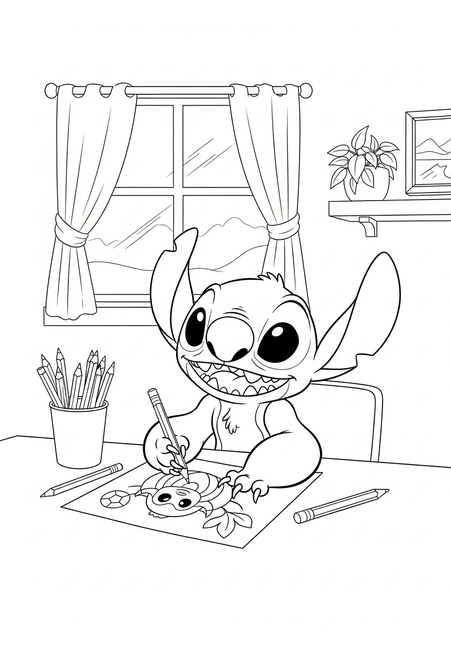 Stitch aan een tafel met kleurpotloden en een tekening op papier kleurplaat