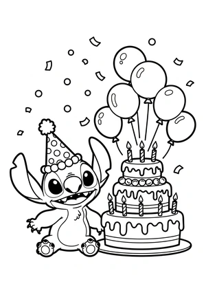 Stitch viert verjaardag met ballonnen kleurplaat om te printen en kleuren