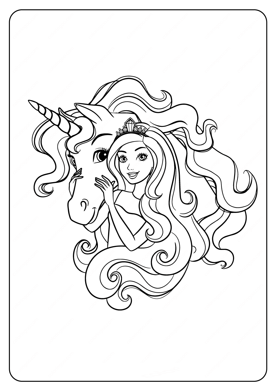 Barbie met unicorn kleurplaat