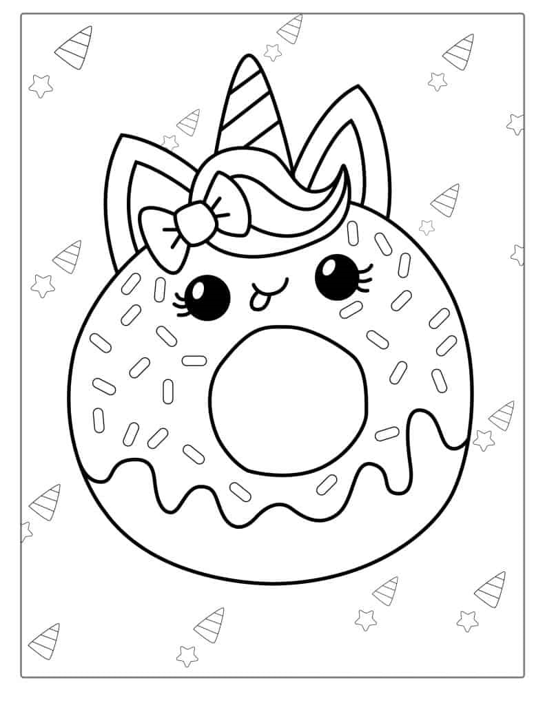 Unicorn kleurplaat van een unicorn donut met sprinkles en schattig gezichtje