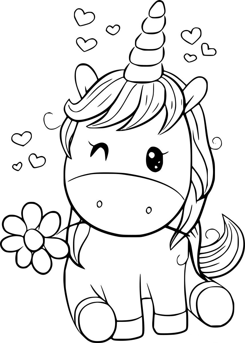 Unicorn kleurplaat van een lieve unicorn met bloem, hartjes en knipoog kleurplaat