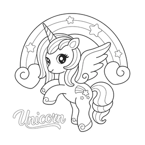 Schattige unicorn met regenboog en sterretjes kleurplaat