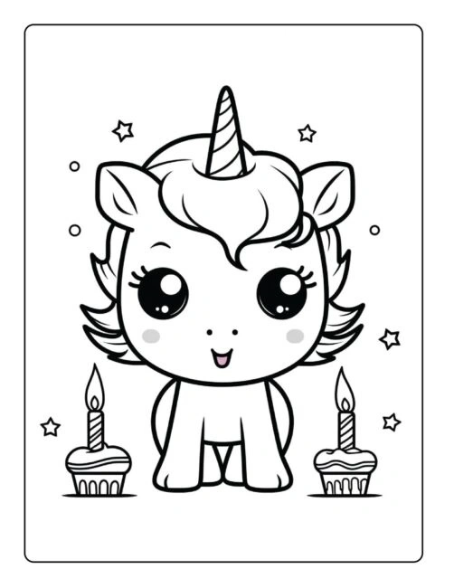 Unicorn kleurplaat van een schattige unicorn met cupcakes en kaarsjes kleurplaat