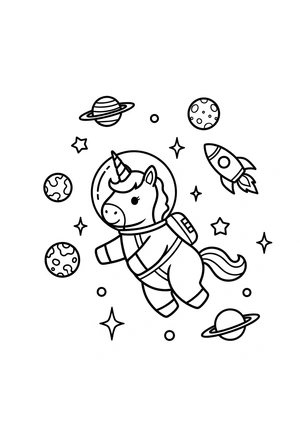 Unicorn als astronaut in de ruimte kleurplaat