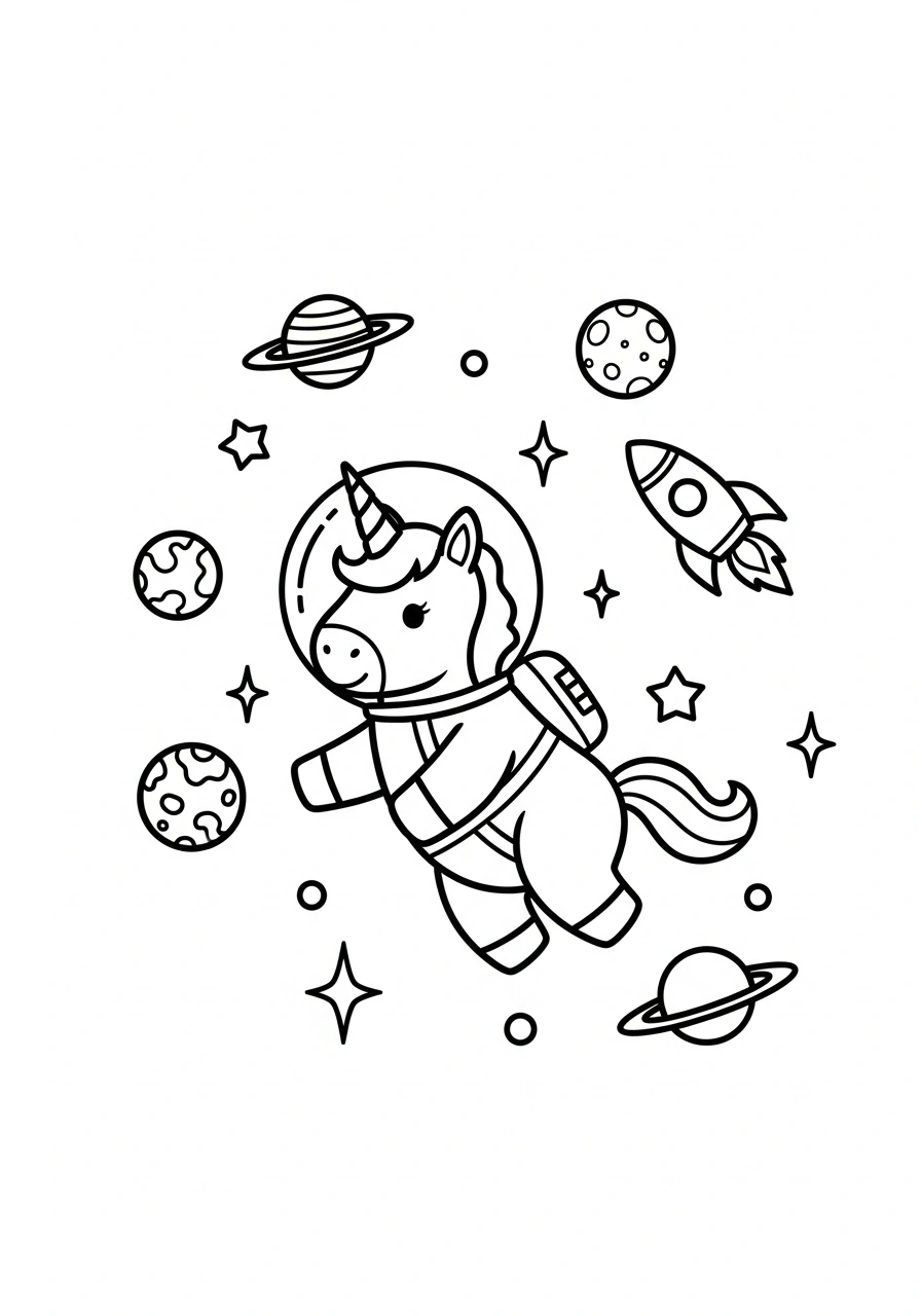Astronaut unicorn met planeten en raket om te kleuren kleurplaat