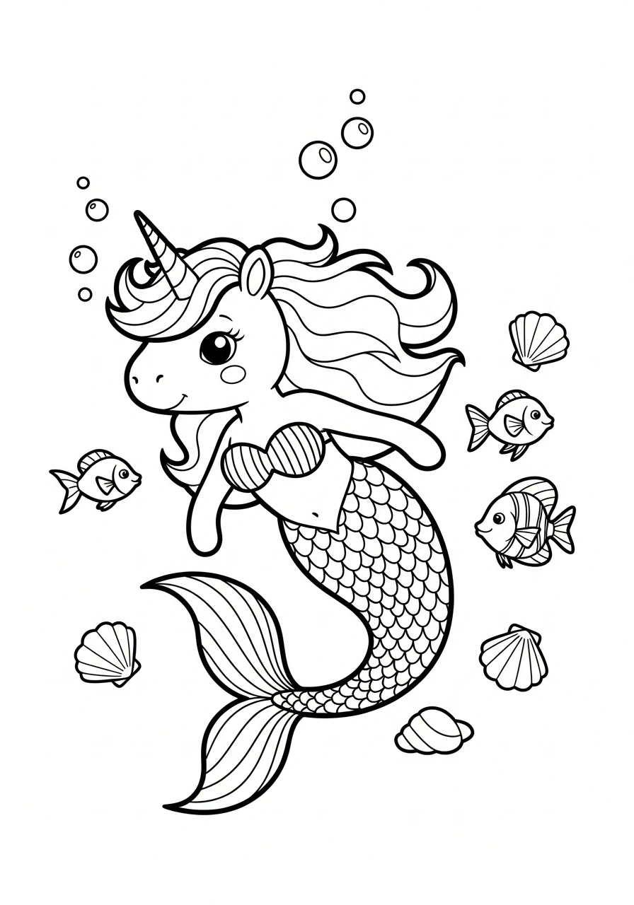 Zeemeermin-unicorn met vissen en schelpen om te kleuren kleurplaat
