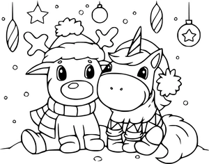 Unicorn en rendier met kerstmuts kleurplaat