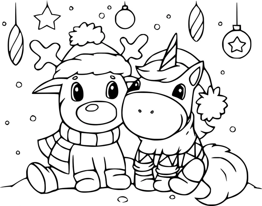 Unicorn kleurplaat met een unicorn en rendier met kerstmutsen en kerstversiering kleurplaat