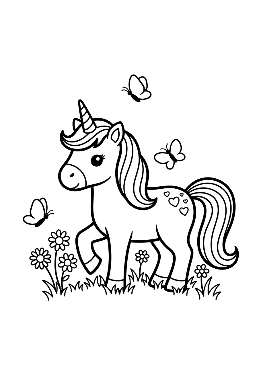 Unicorn tussen bloemen en vlinders in een weide om te kleuren kleurplaat