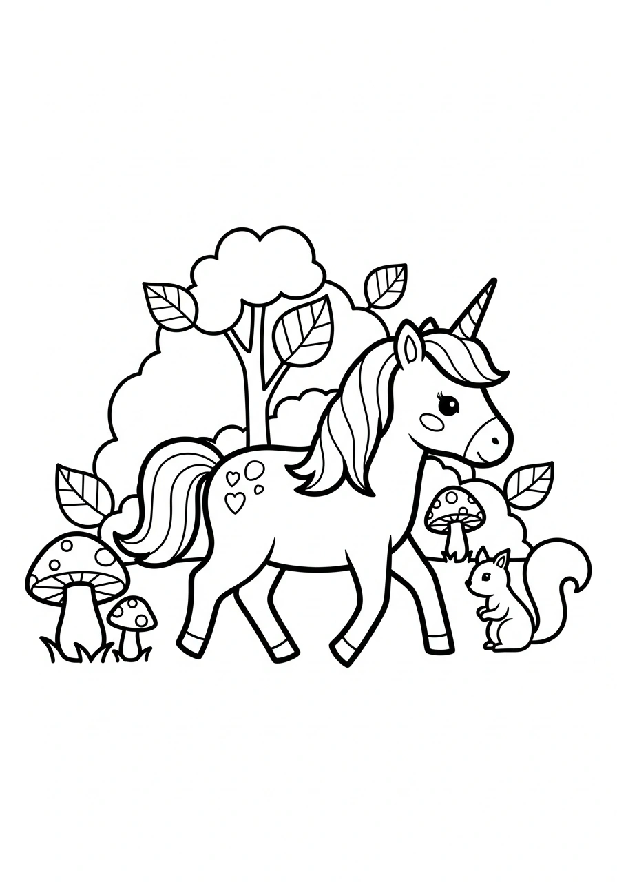 Unicorn in een bos met paddenstoelen en blaadjes om te kleuren kleurplaat