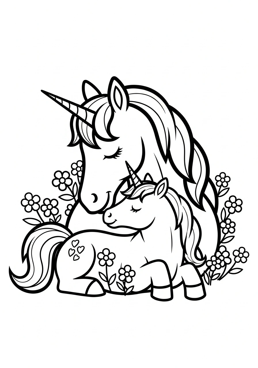 Moeder unicorn met baby unicorn die knuffelen om te kleuren kleurplaat