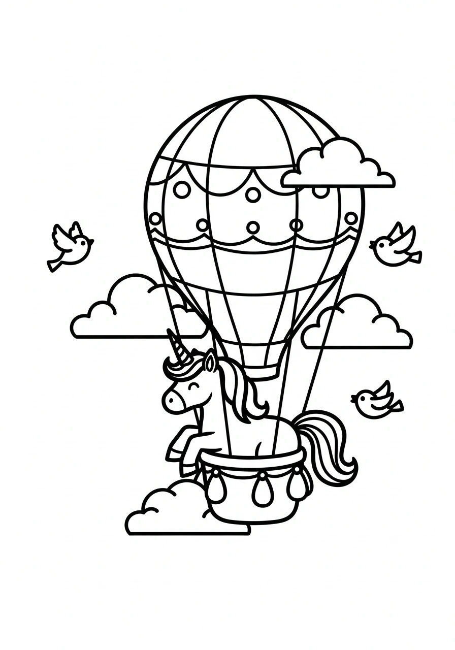 Unicorn in een luchtballon boven wolken om te kleuren kleurplaat