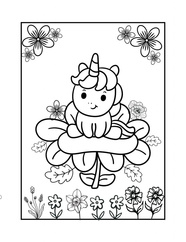 Unicorn met bloemen kleurplaat