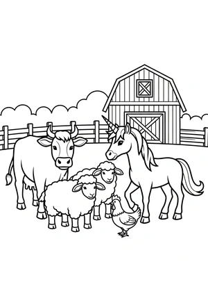 Unicorn met boerderijvriendjes kleurplaat