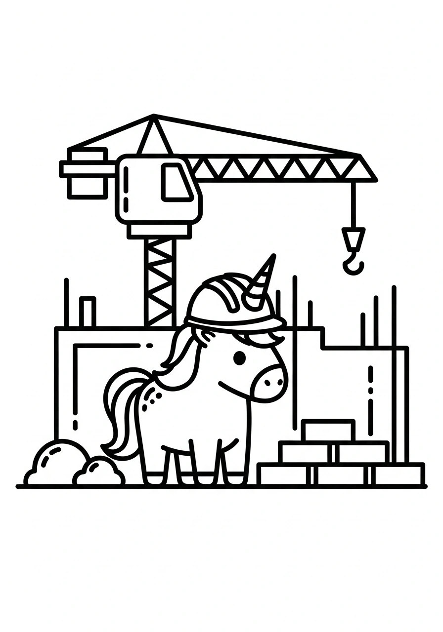 Unicorn met bouwhelm bij een hijskraan om te kleuren kleurplaat