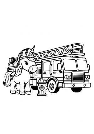 Unicorn met brandweerhelm en ladderwagen kleurplaat