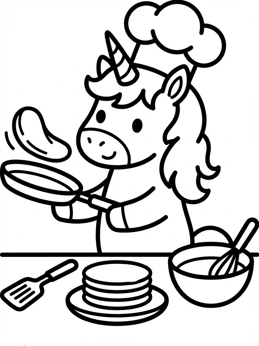 Unicorn als chefkok met pannenkoeken om te kleuren kleurplaat