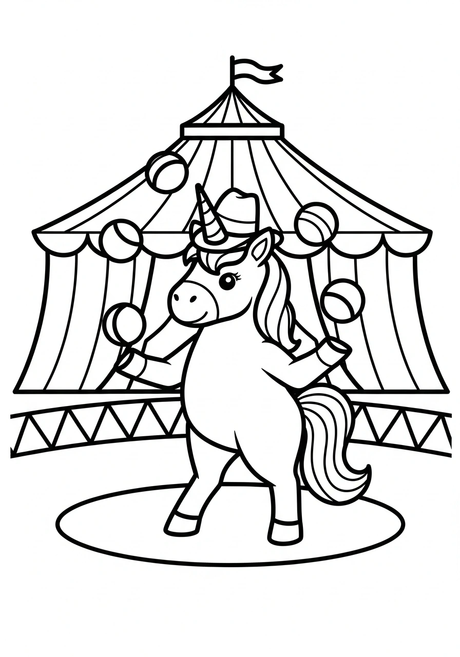 Unicorn in het circus met clownshoed en ballen om te kleuren kleurplaat