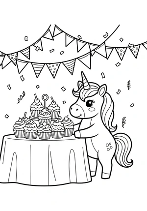 Unicorn met cupcake-feest kleurplaat