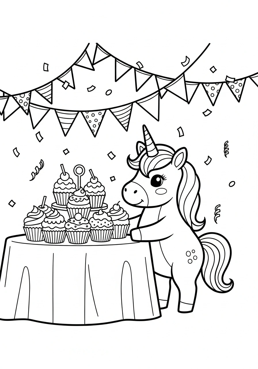 Unicorn met cupcakes en slingers op een feestje om te kleuren kleurplaat