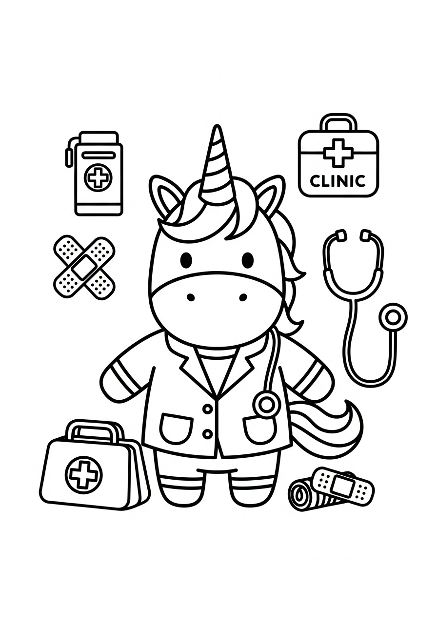 Unicorn als dokter met tas en pleisters om te kleuren kleurplaat