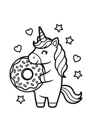 Unicorn met donut en sprinkles kleurplaat