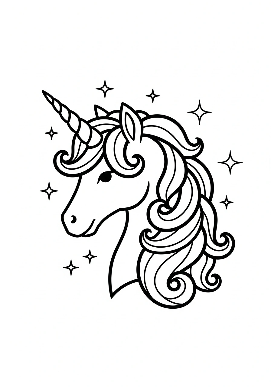 Close-up van unicorn gezicht met hoorn en manen om te kleuren kleurplaat
