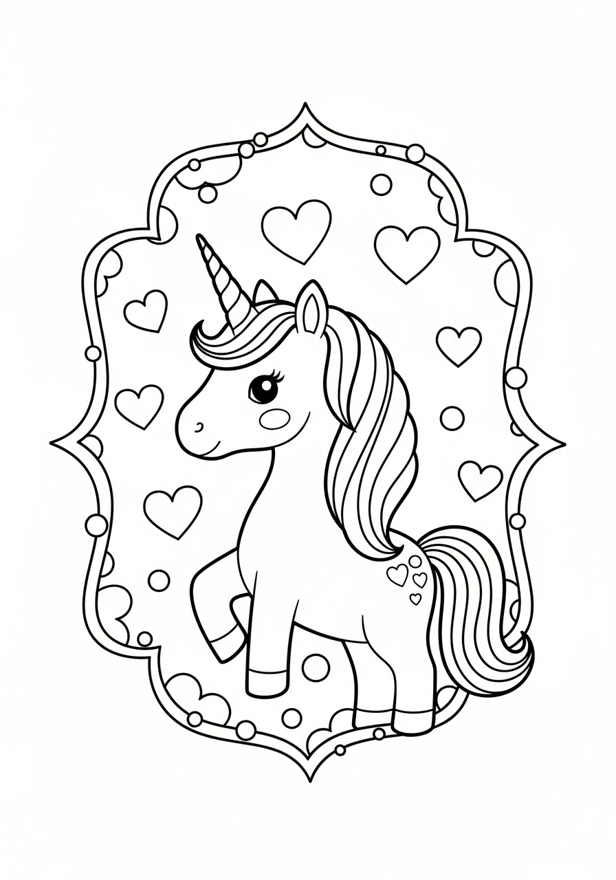 Schattige unicorn met hartjes en stippenpatroon om te kleuren kleurplaat