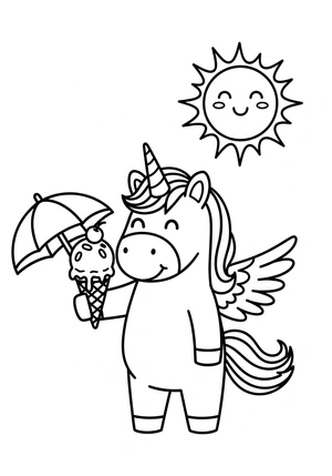 Unicorn met ijsjes en zomerzon kleurplaat
