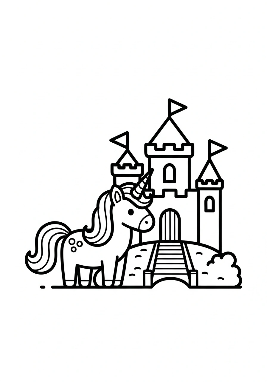 Unicorn bij een kasteel met brug en vlaggen om te kleuren kleurplaat