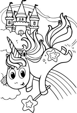 Unicorn met kasteel en regenboog kleurplaat