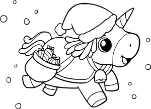 Unicorn met kerstmuts in de sneeuw kleurplaat