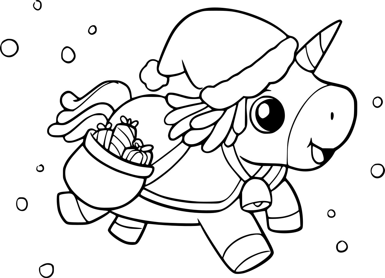 Unicorn met kerstmuts in de sneeuw kleurplaat