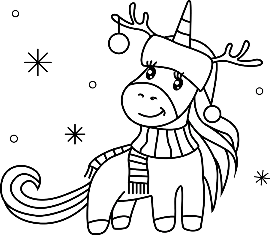 Unicorn kleurplaat met kerstmuts, sjaal en winterse sneeuwvlokken kleurplaat