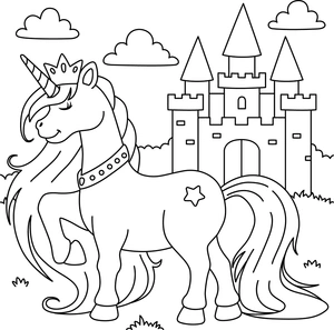 Unicorn met kroon en kasteel kleurplaat
