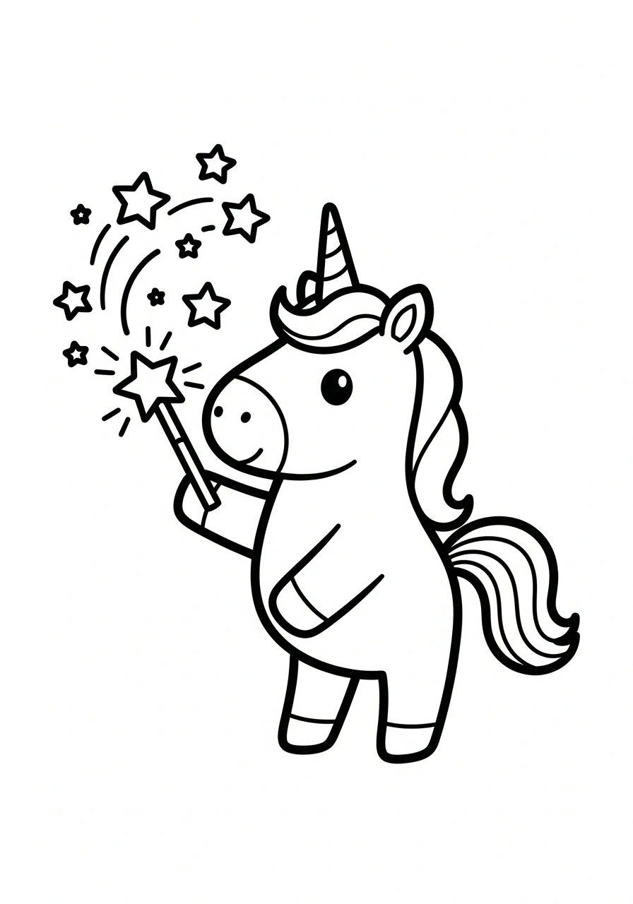 Unicorn met toverstaf en fonkelende sterren om te kleuren kleurplaat