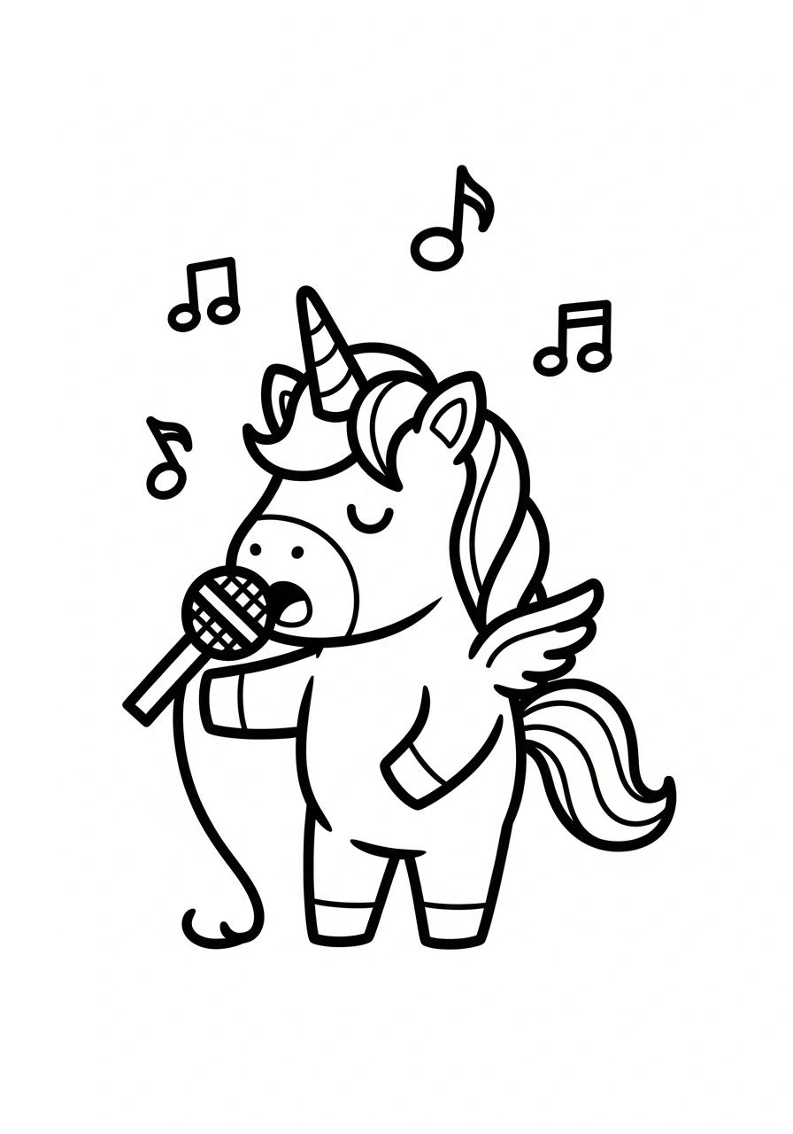 Unicorn die zingt met muzieknoten en microfoon om te kleuren kleurplaat