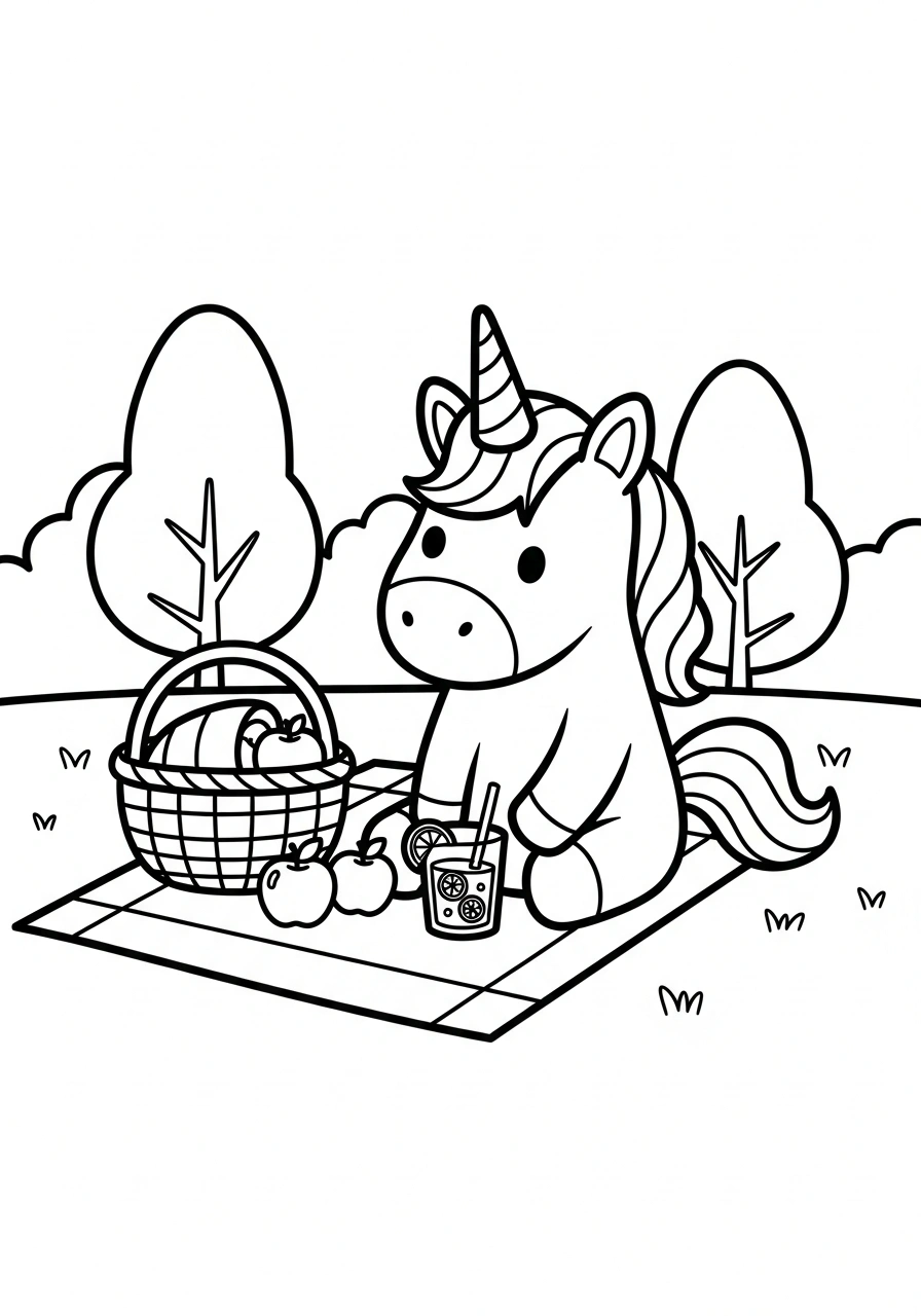 Unicorn met picknickmand en kleed in het park om te kleuren kleurplaat