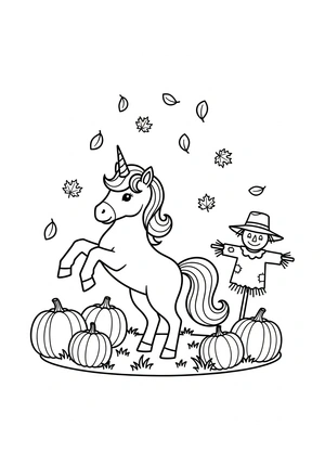 Unicorn met pompoenen in de herfst kleurplaat