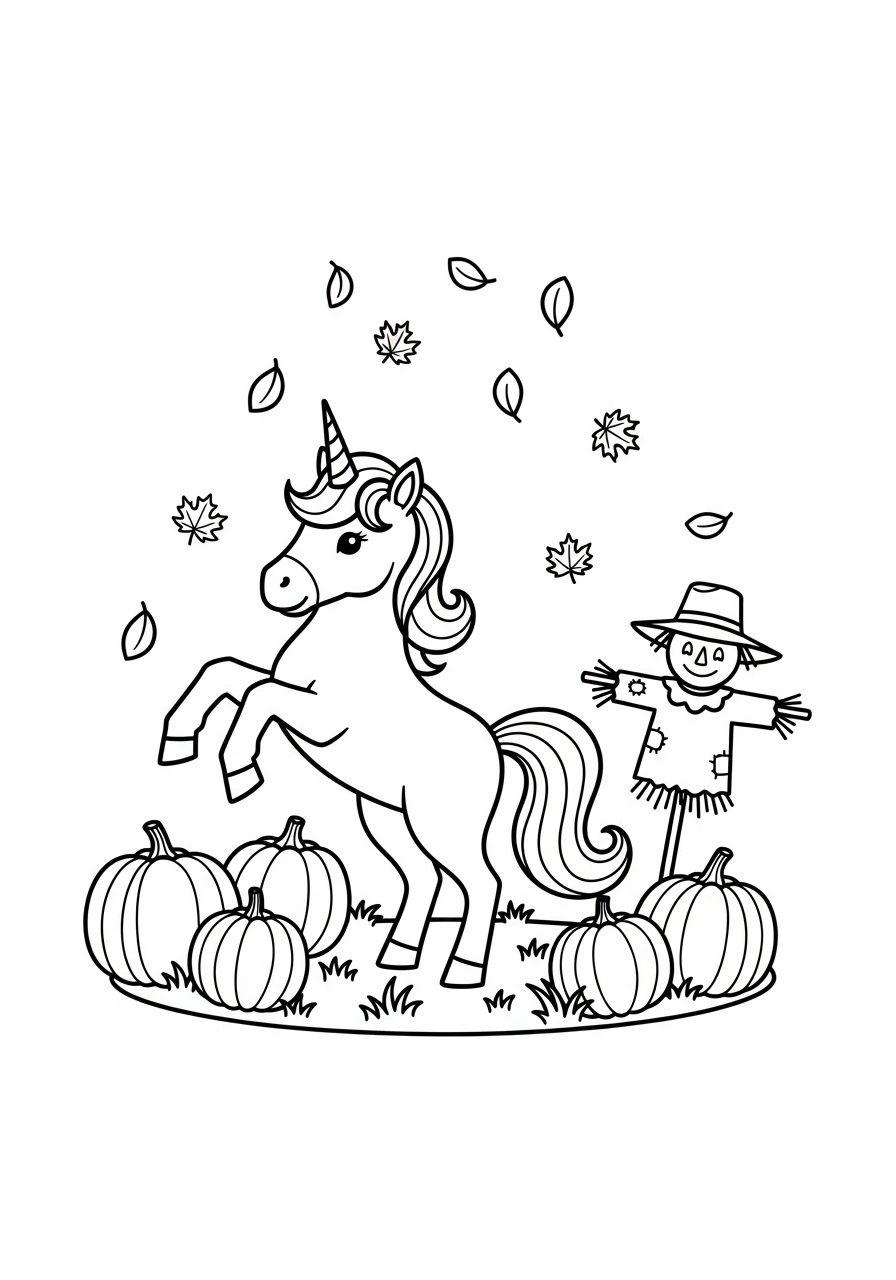 Unicorn tussen pompoenen en herfstbladeren om te kleuren kleurplaat