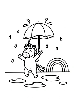 Unicorn met regen en paraplu kleurplaat